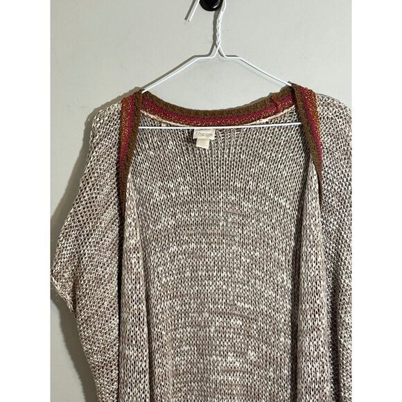 Chicos Knit Sweater XL Tan Open Weave Striped Metallic Boho Western Neutral Chic - Picture 3 of 11